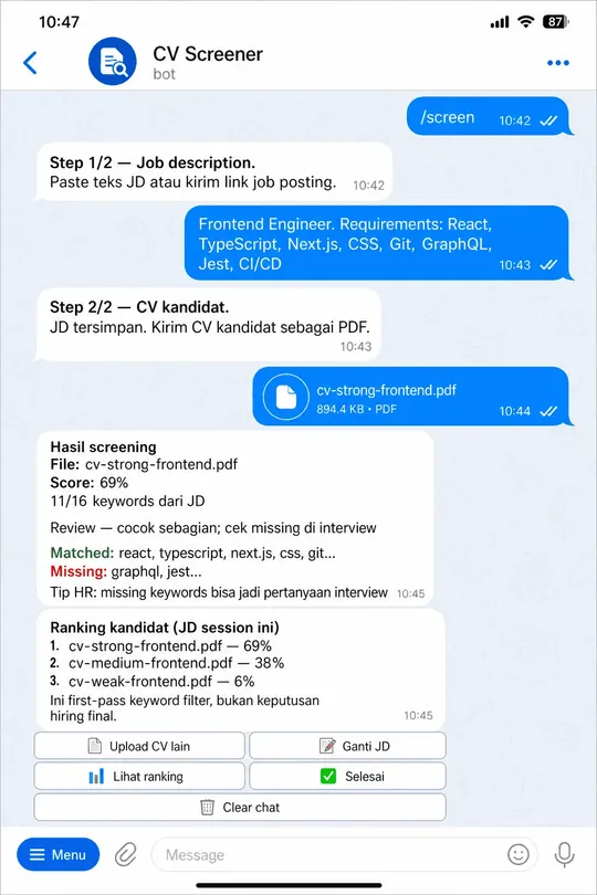 CV Screener in-session ranking of multiple candidate CVs