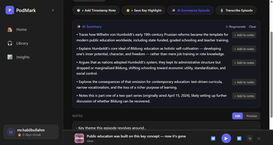PodMark AI Summary grounded in the episode's real transcript, with per-bullet add-to-notes