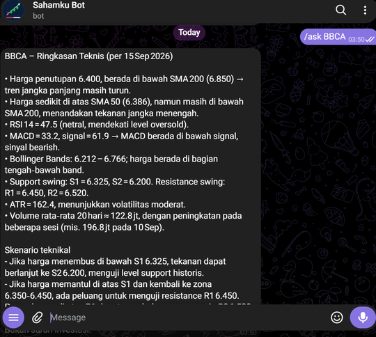 Sahamku /ask command answering a technical question about BBCA grounded in live indicators